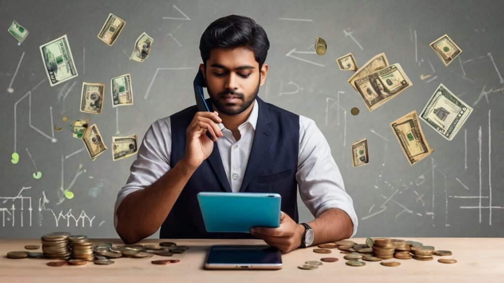 Indian student using smartphone and notebook to plan finances with floating rupee coins, representing smart money habits and financial planning